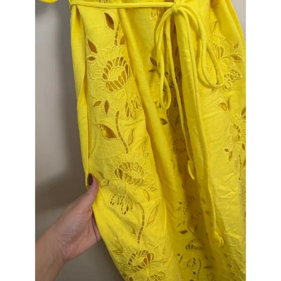 Farm Rio Yellow Floral Eyelet Midi Dress Scalloped Hem Tie Waist NWT